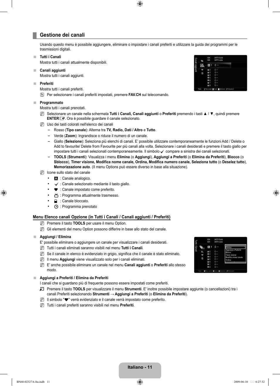 Gestione dei canali, Italiano - 11 | Samsung LE40B750U1P User Manual | Page 237 / 302