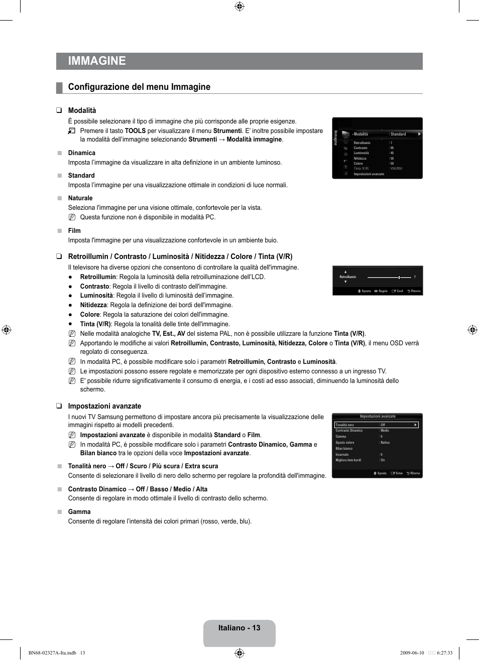 Immagine, Configurazione del menu immagine, Italiano - 13 | Modalità, Impostazioni avanzate | Samsung LE40B750U1P User Manual | Page 239 / 302