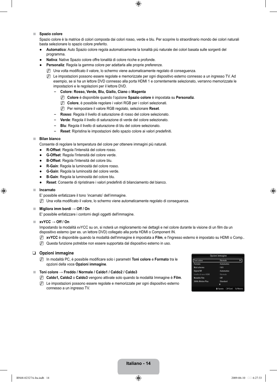 Italiano - 14, Opzioni immagine | Samsung LE40B750U1P User Manual | Page 240 / 302