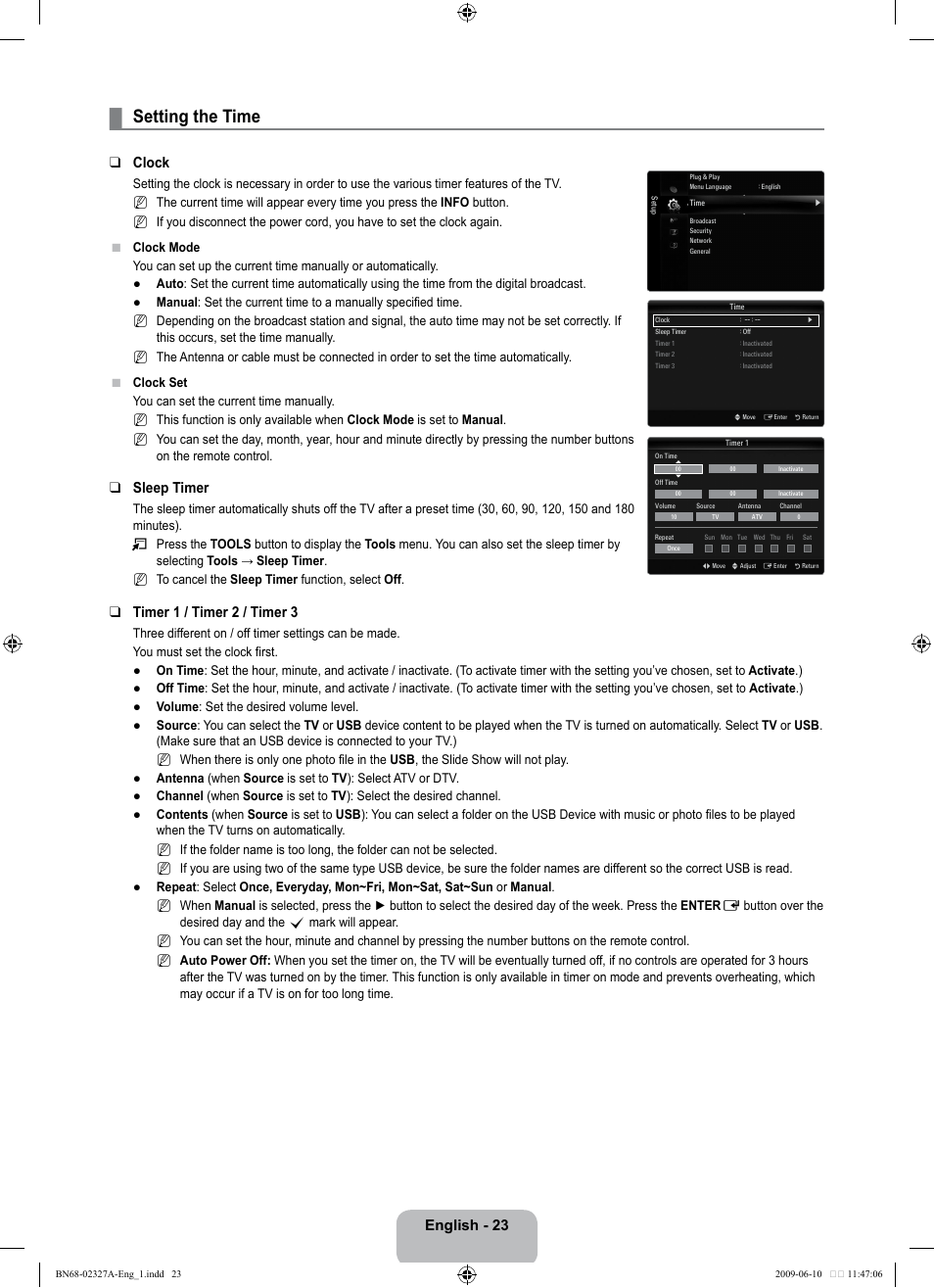 Setting the time, English - 23, Clock | Sleep timer, Timer 1 / timer 2 / timer 3 | Samsung LE40B750U1P User Manual | Page 25 / 302