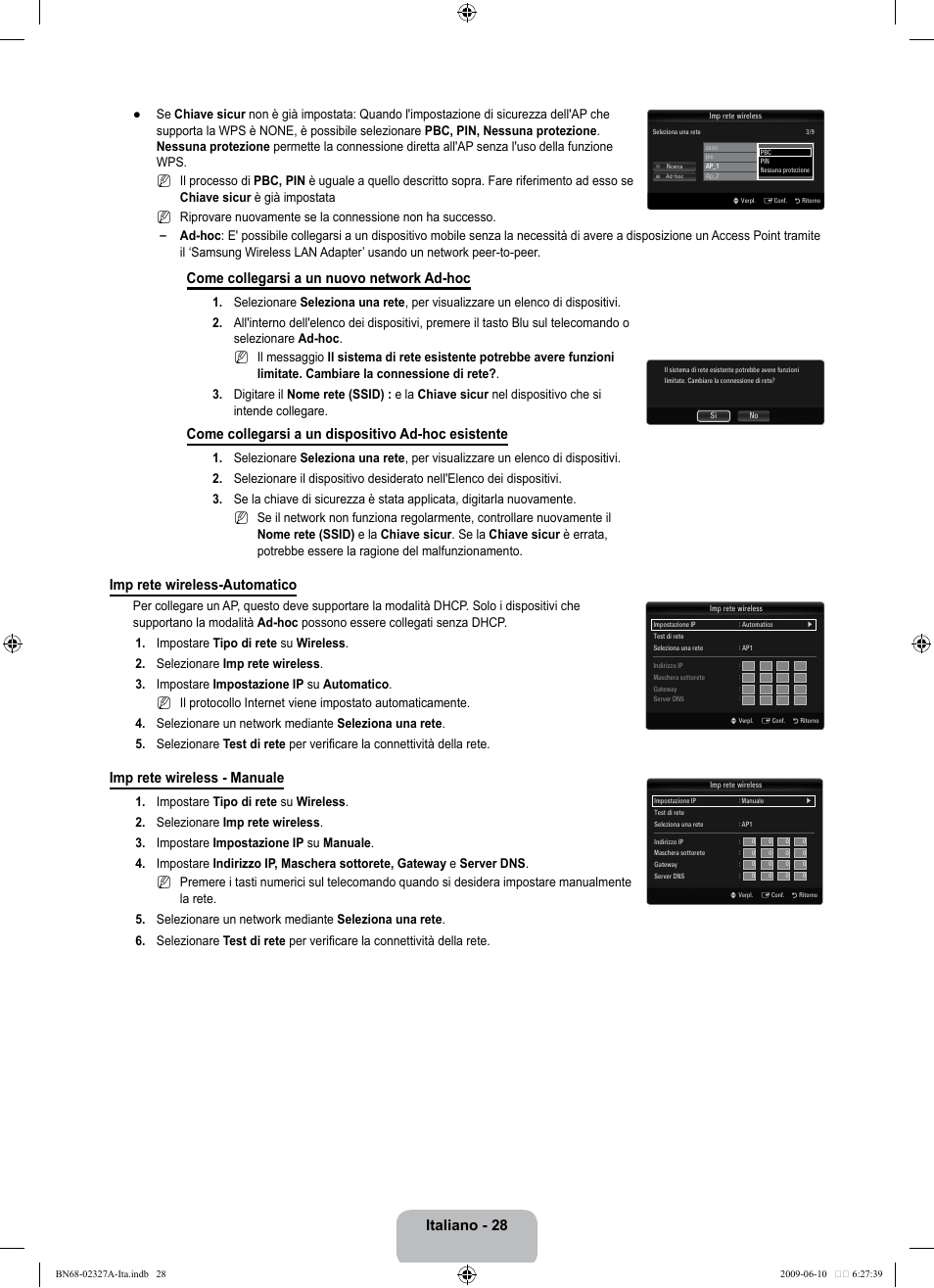 Italiano - 28, Come collegarsi a un nuovo network ad-hoc, Come collegarsi a un dispositivo ad-hoc esistente | Imp rete wireless-automatico, Imp rete wireless - manuale | Samsung LE40B750U1P User Manual | Page 254 / 302