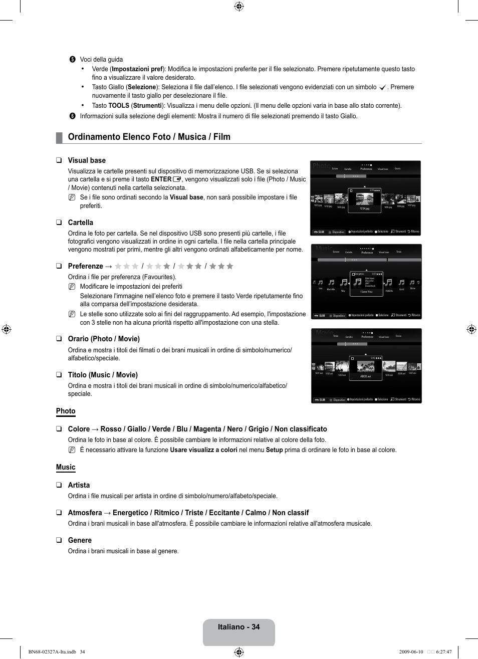 Ordinamento elenco foto / musica / film, Italiano - 34, Visual base | Cartella, Preferenze → fff / ff f / f ff / fff, Orario (photo / movie), Titolo (music / movie), Music artista, Genere | Samsung LE40B750U1P User Manual | Page 260 / 302