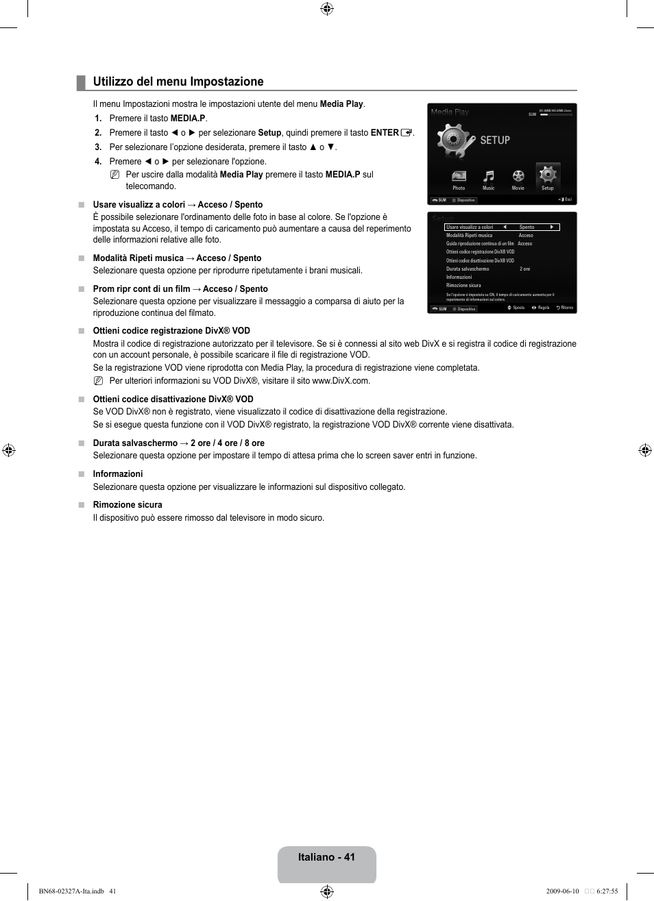 Utilizzo del menu impostazione, Setup, Italiano - 41 | Samsung LE40B750U1P User Manual | Page 267 / 302