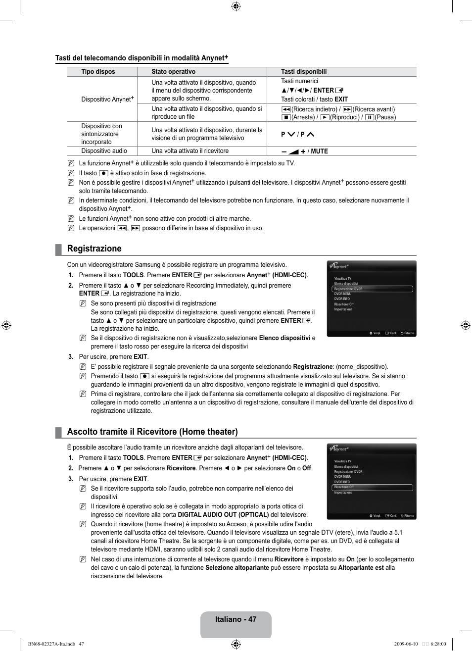 Registrazione, Ascolto tramite il ricevitore (home theater) | Samsung LE40B750U1P User Manual | Page 273 / 302