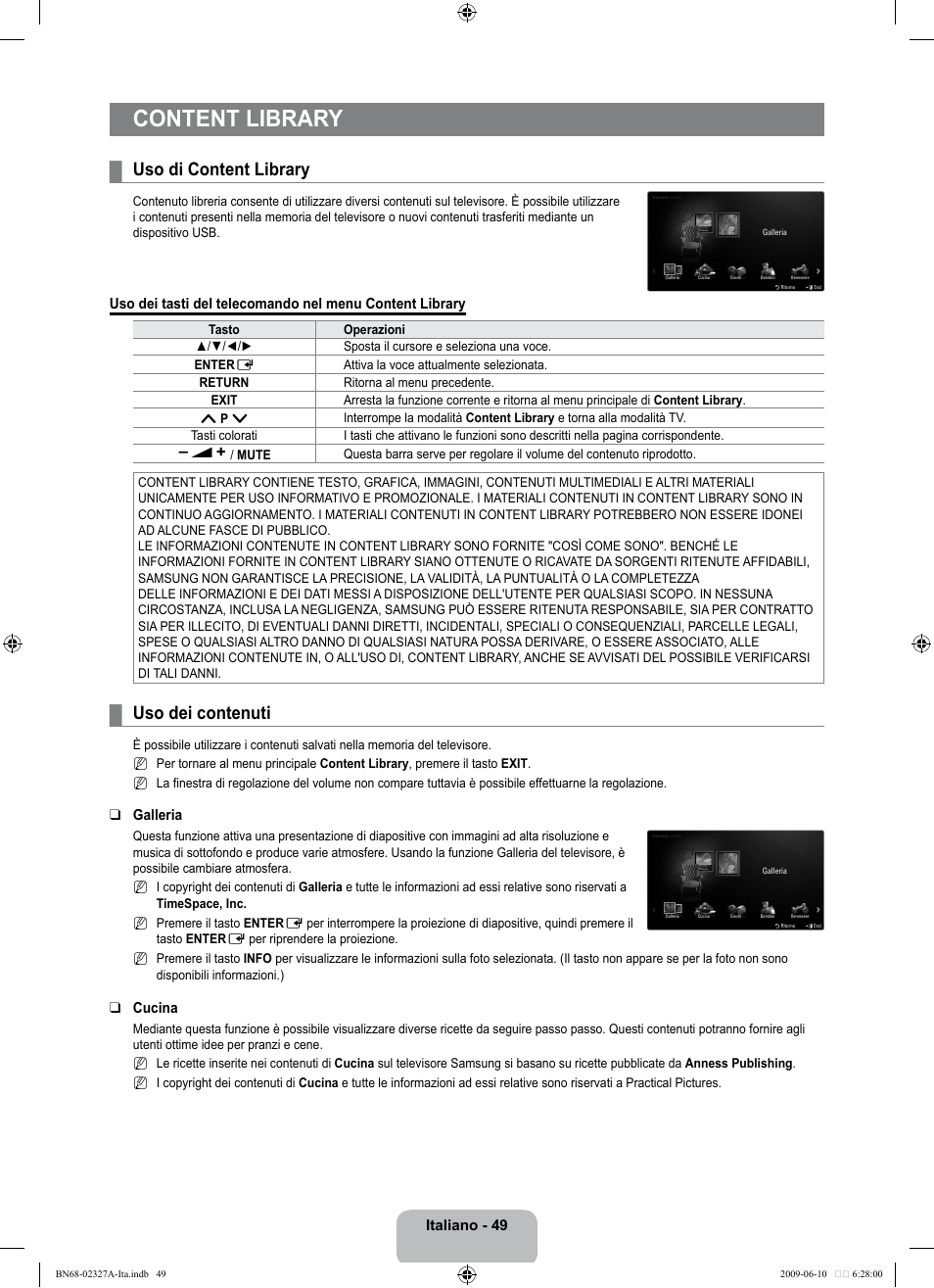 Content library, Uso di content library, Uso dei contenuti | Samsung LE40B750U1P User Manual | Page 275 / 302
