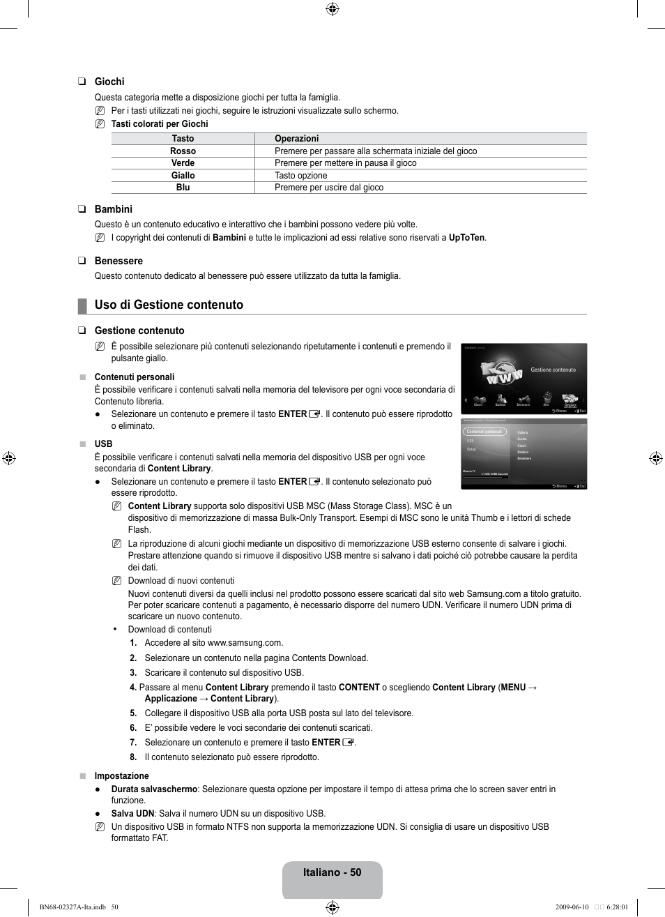 Uso di gestione contenuto, Italiano - 50 giochi, Bambini | Benessere, Gestione contenuto | Samsung LE40B750U1P User Manual | Page 276 / 302