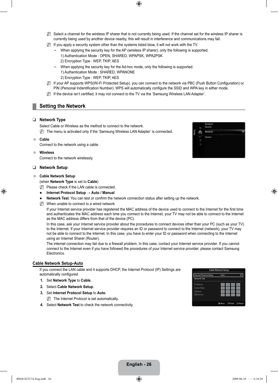 Setting the network, English - 26, Network type | Network setup, Cable network setup-auto | Samsung LE40B750U1P User Manual | Page 28 / 302