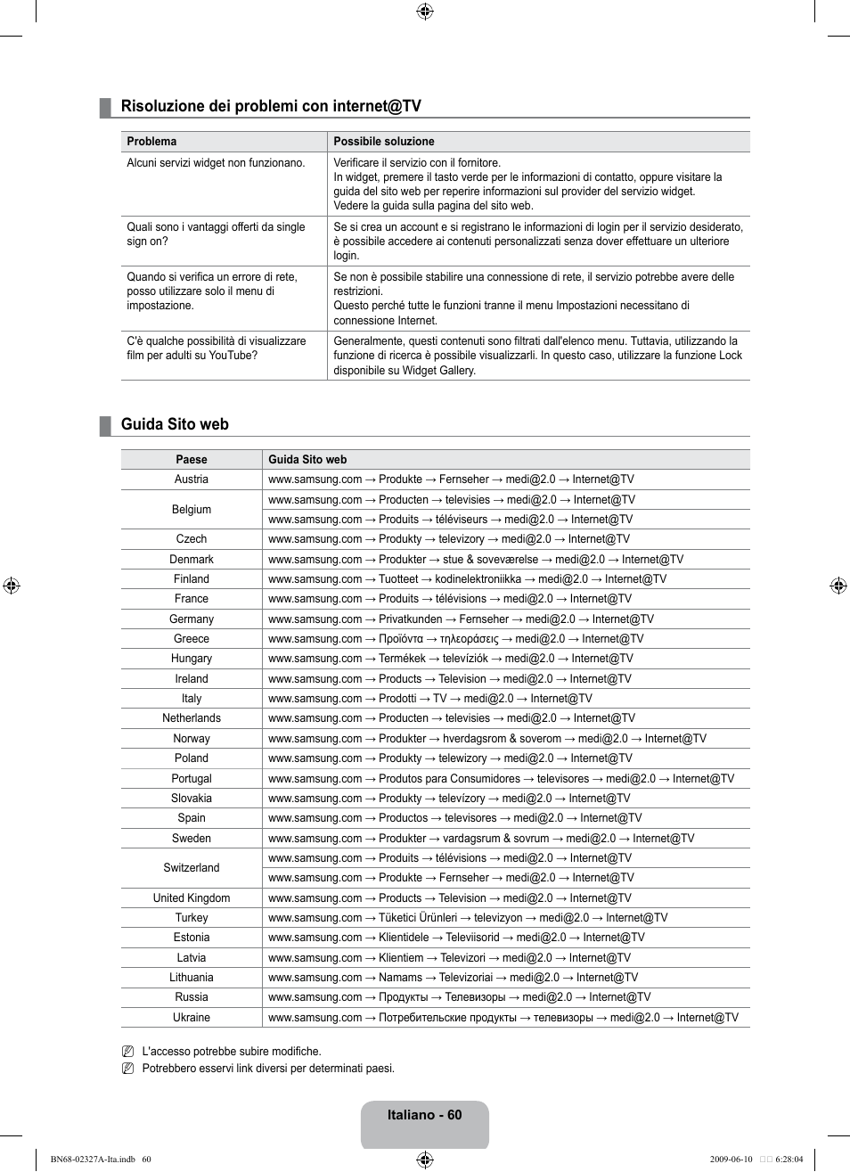 Risoluzione dei problemi con internet@tv, Guida sito web | Samsung LE40B750U1P User Manual | Page 286 / 302