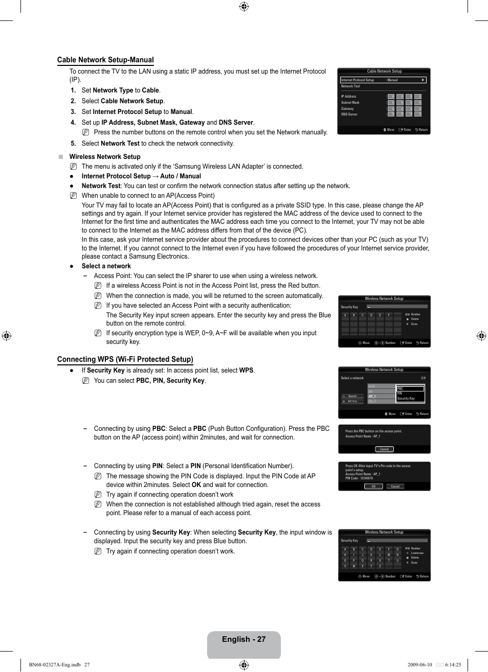 English - 27 cable network setup-manual, Connecting wps (wi-fi protected setup) | Samsung LE40B750U1P User Manual | Page 29 / 302