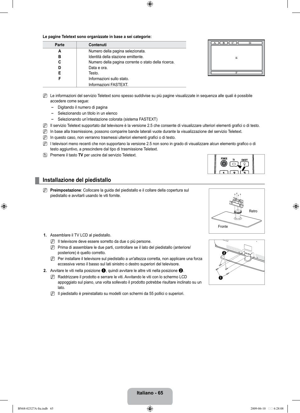 Installazione del piedistallo | Samsung LE40B750U1P User Manual | Page 291 / 302