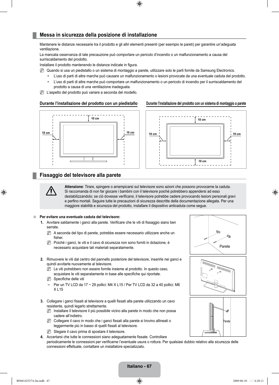 Fissaggio del televisore alla parete | Samsung LE40B750U1P User Manual | Page 293 / 302