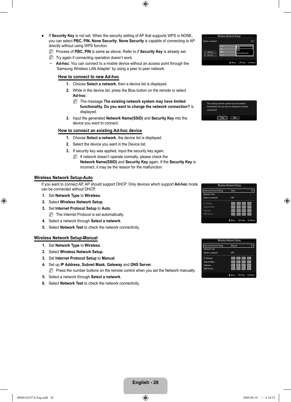 English - 28, How to connect to new ad-hoc, How to connect an existing ad-hoc device | Wireless network setup-auto, Wireless network setup-manual | Samsung LE40B750U1P User Manual | Page 30 / 302