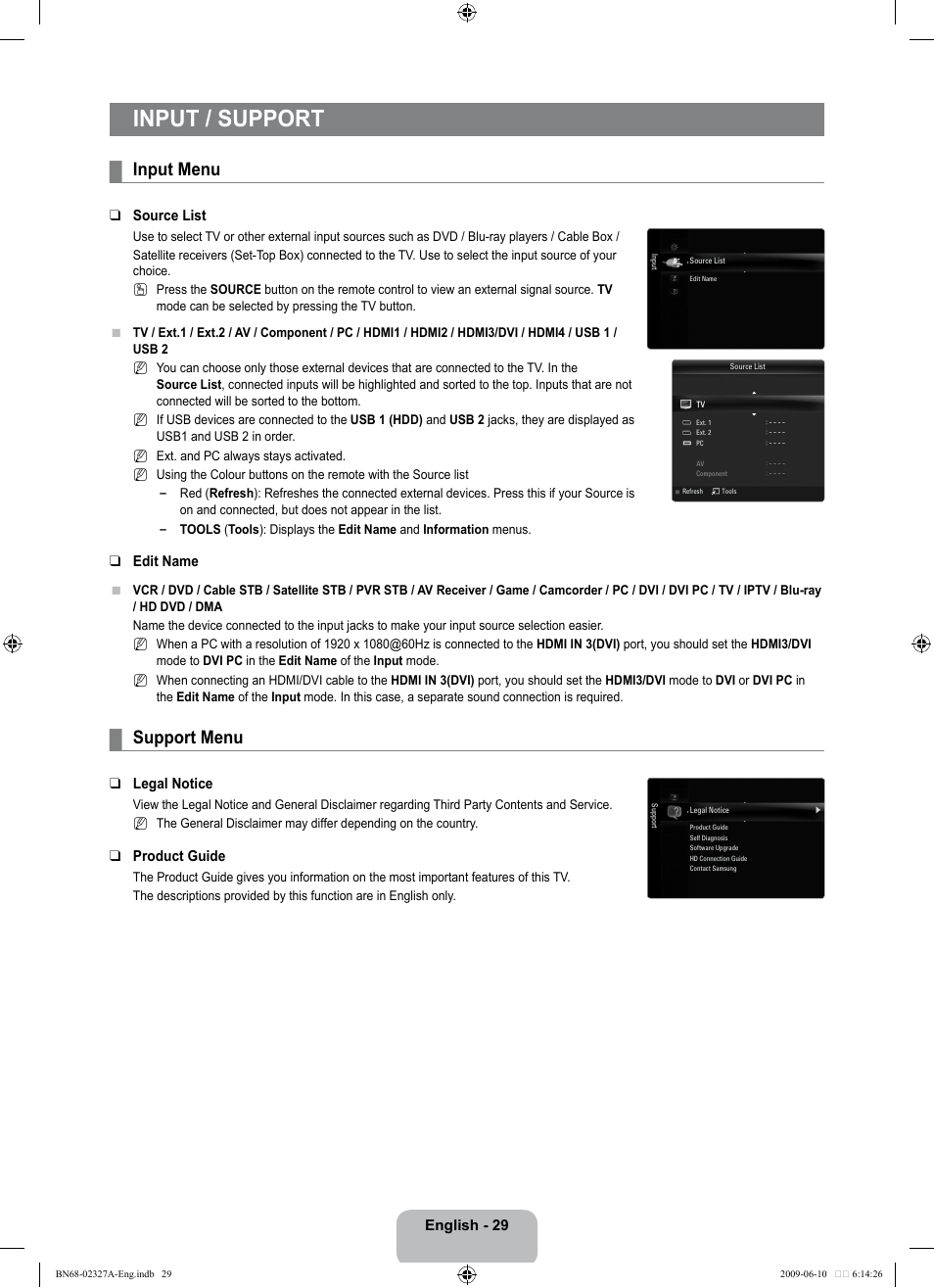 Input / support, Input menu, Support menu | Samsung LE40B750U1P User Manual | Page 31 / 302