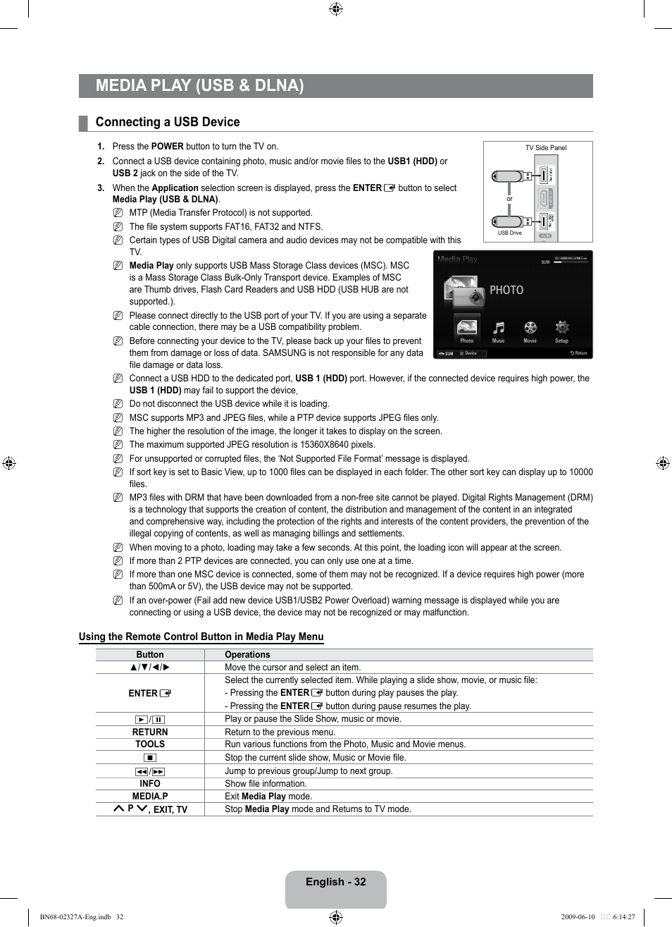 Media play (usb & dlna), Connecting a usb device, Photo | Samsung LE40B750U1P User Manual | Page 34 / 302