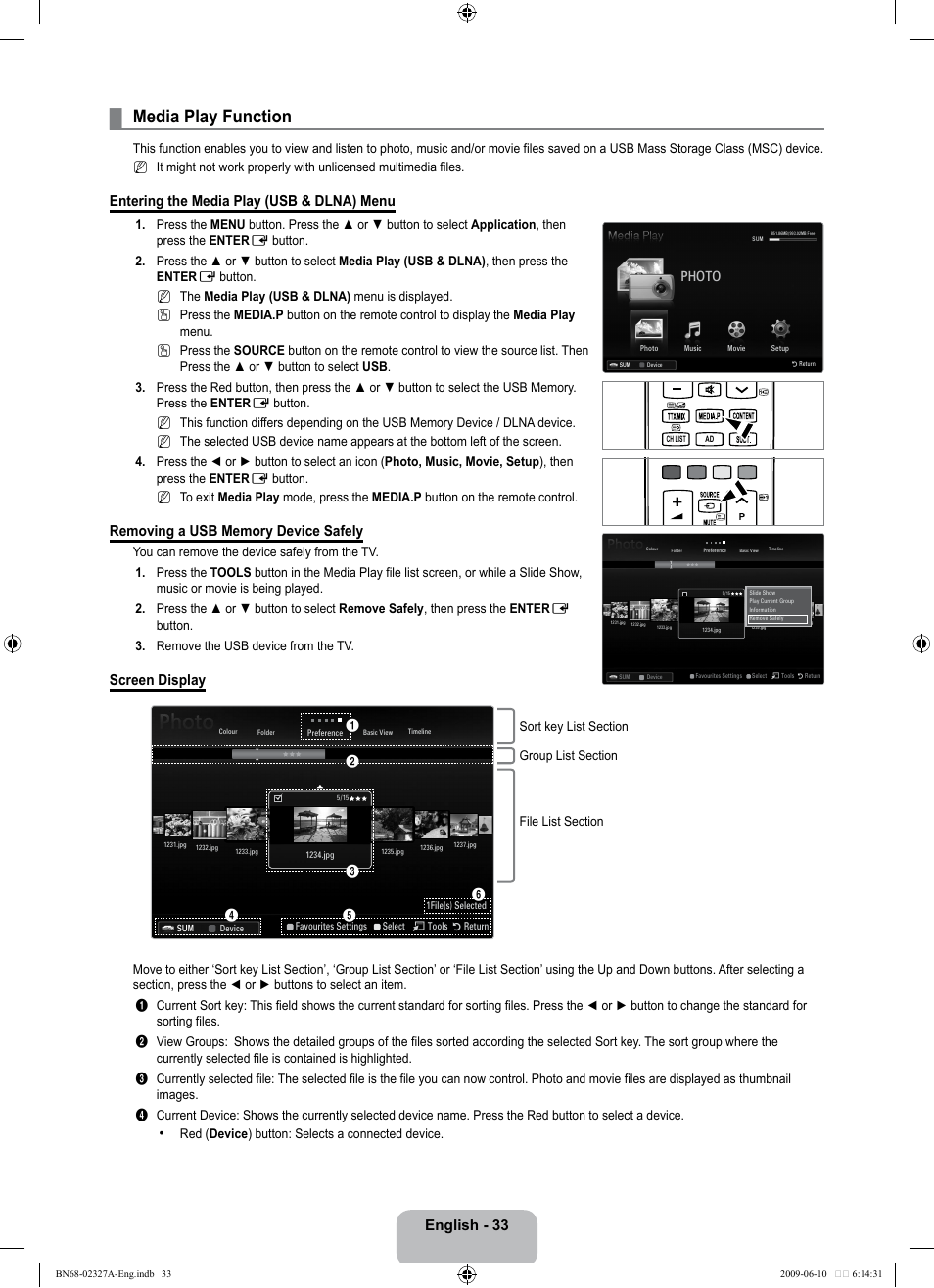 Media play function, English - 33, Entering the media play (usb & dlna) menu | Screen display, Photo | Samsung LE40B750U1P User Manual | Page 35 / 302