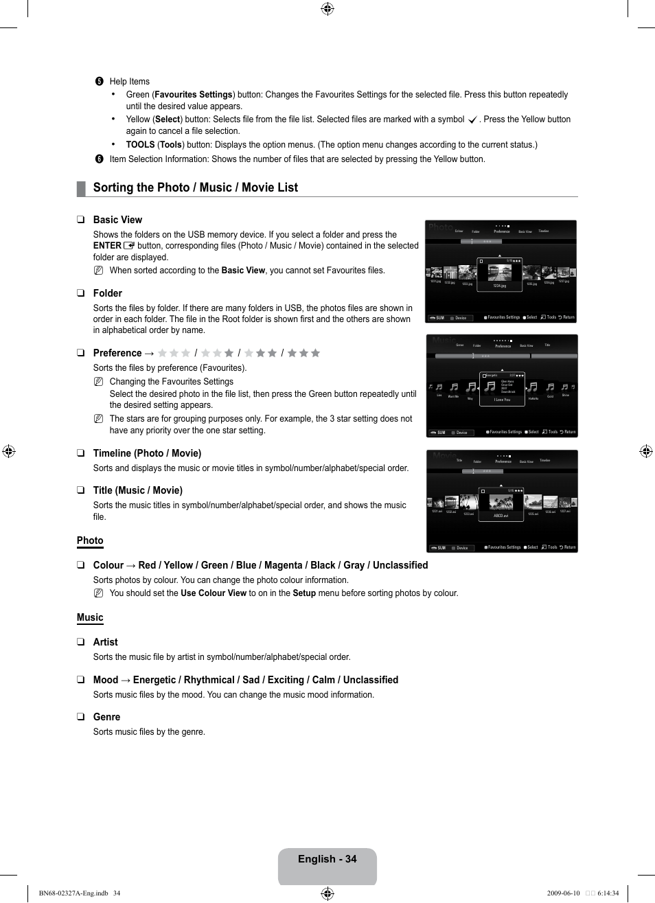 Sorting the photo / music / movie list, English - 34, Basic view | Folder, Preference → fff / ff f / f ff / fff, Timeline (photo / movie), Title (music / movie), Music artist, Genre | Samsung LE40B750U1P User Manual | Page 36 / 302