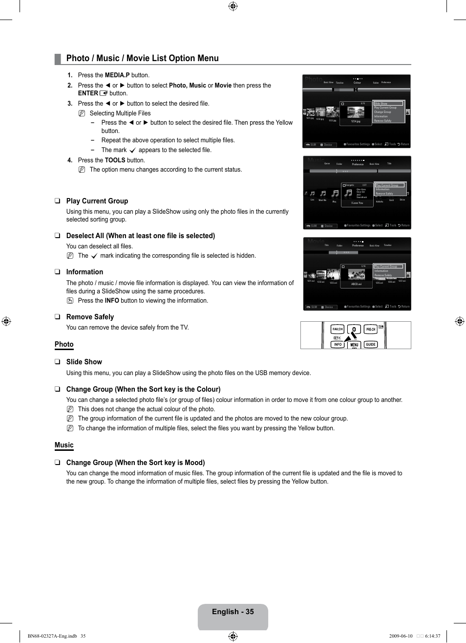 Photo / music / movie list option menu, English - 35, Play current group | Deselect all (when at least one file is selected), Information, Remove safely, Photo slide show, Change group (when the sort key is the colour), Music change group (when the sort key is mood), You can remove the device safely from the tv | Samsung LE40B750U1P User Manual | Page 37 / 302