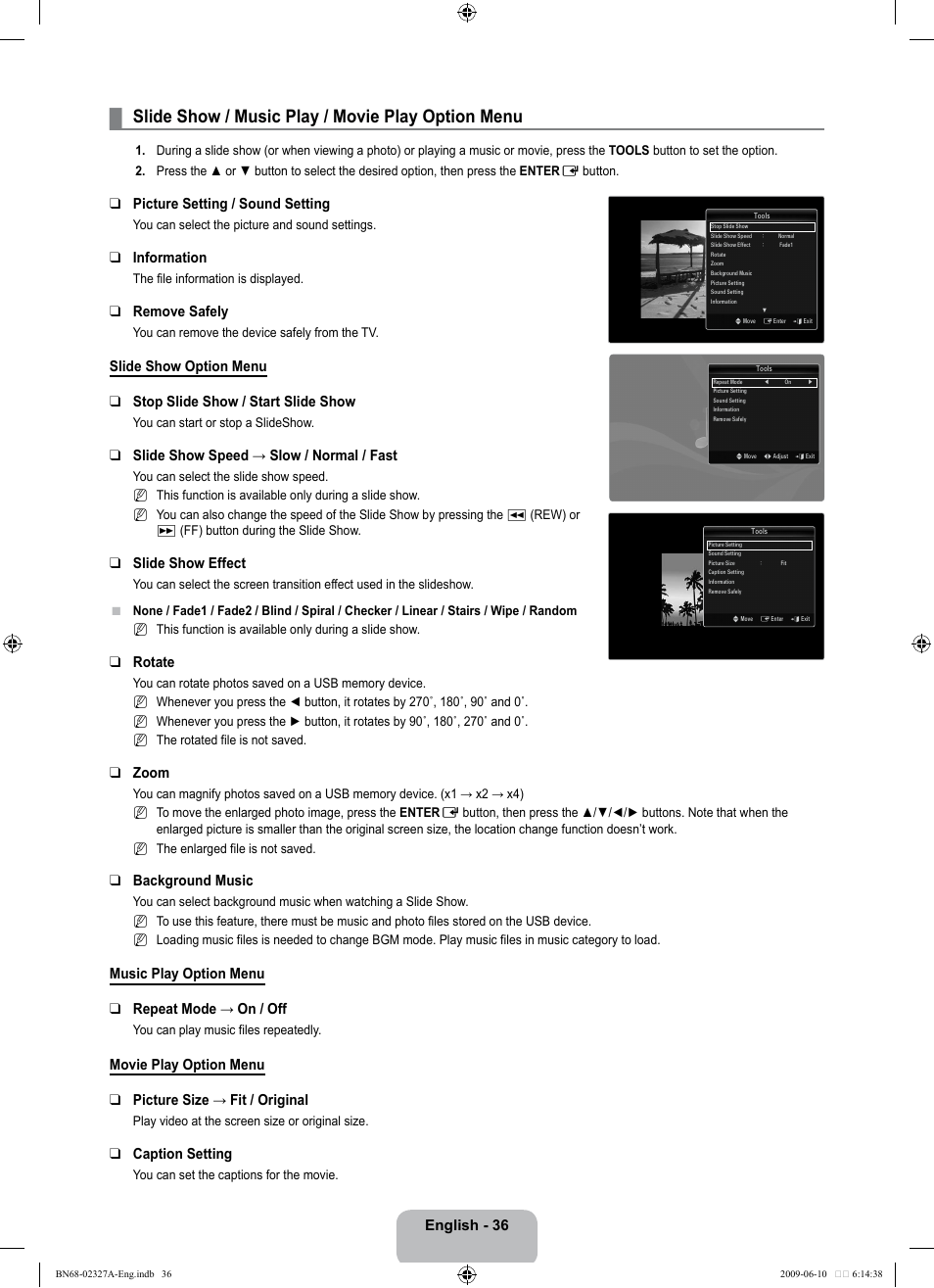 Slide show / music play / movie play option menu | Samsung LE40B750U1P User Manual | Page 38 / 302