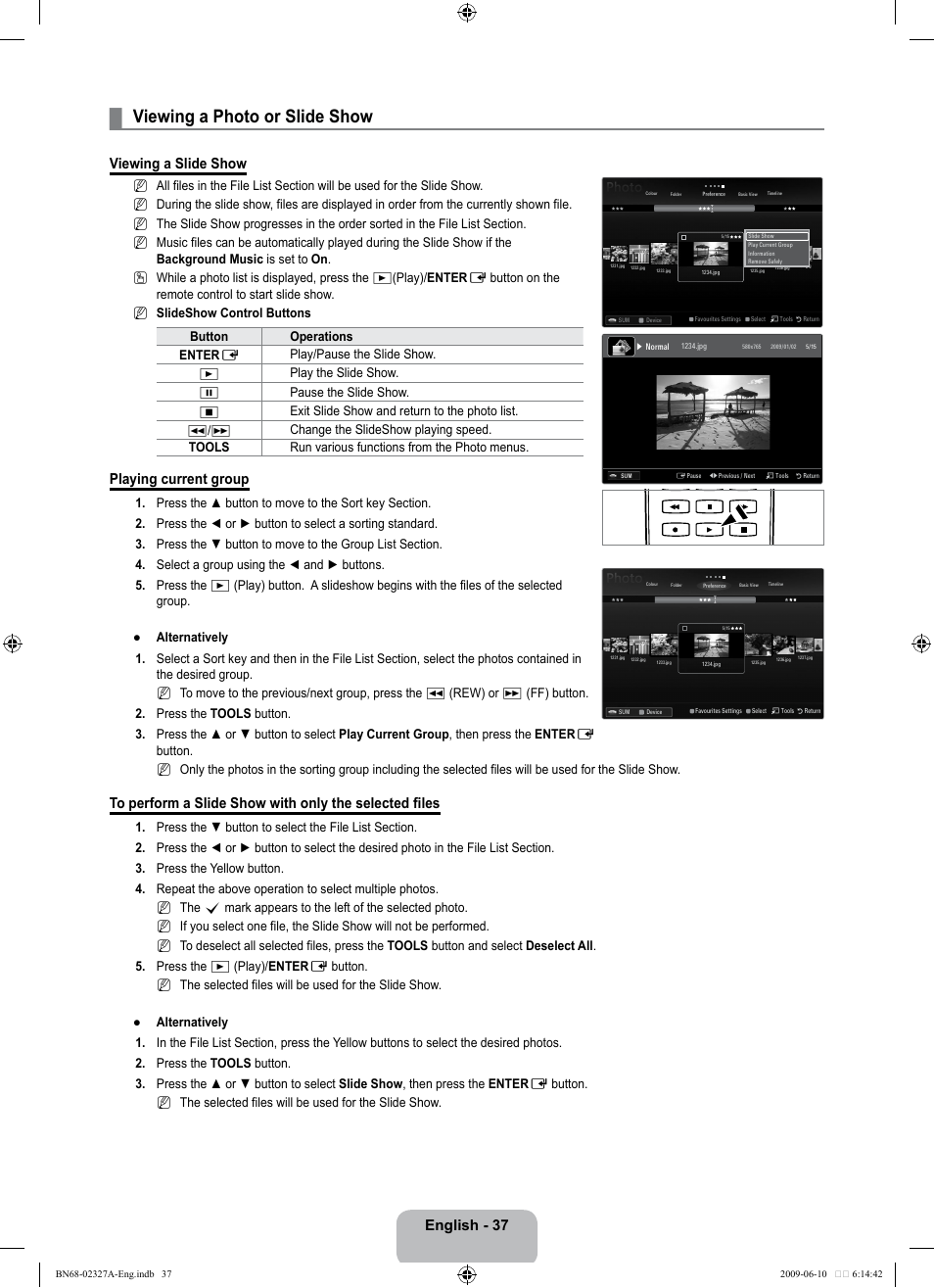 Viewing a photo or slide show, English - 37, Viewing a slide show | Playing current group | Samsung LE40B750U1P User Manual | Page 39 / 302