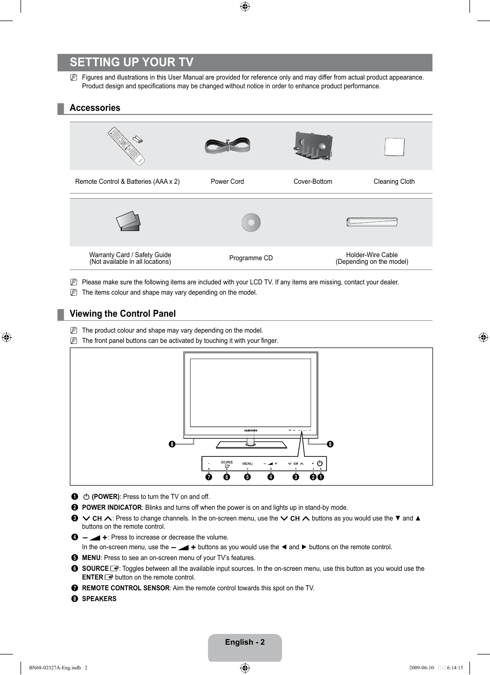 Setting up your tv, Accessories, Viewing the control panel | Samsung LE40B750U1P User Manual | Page 4 / 302