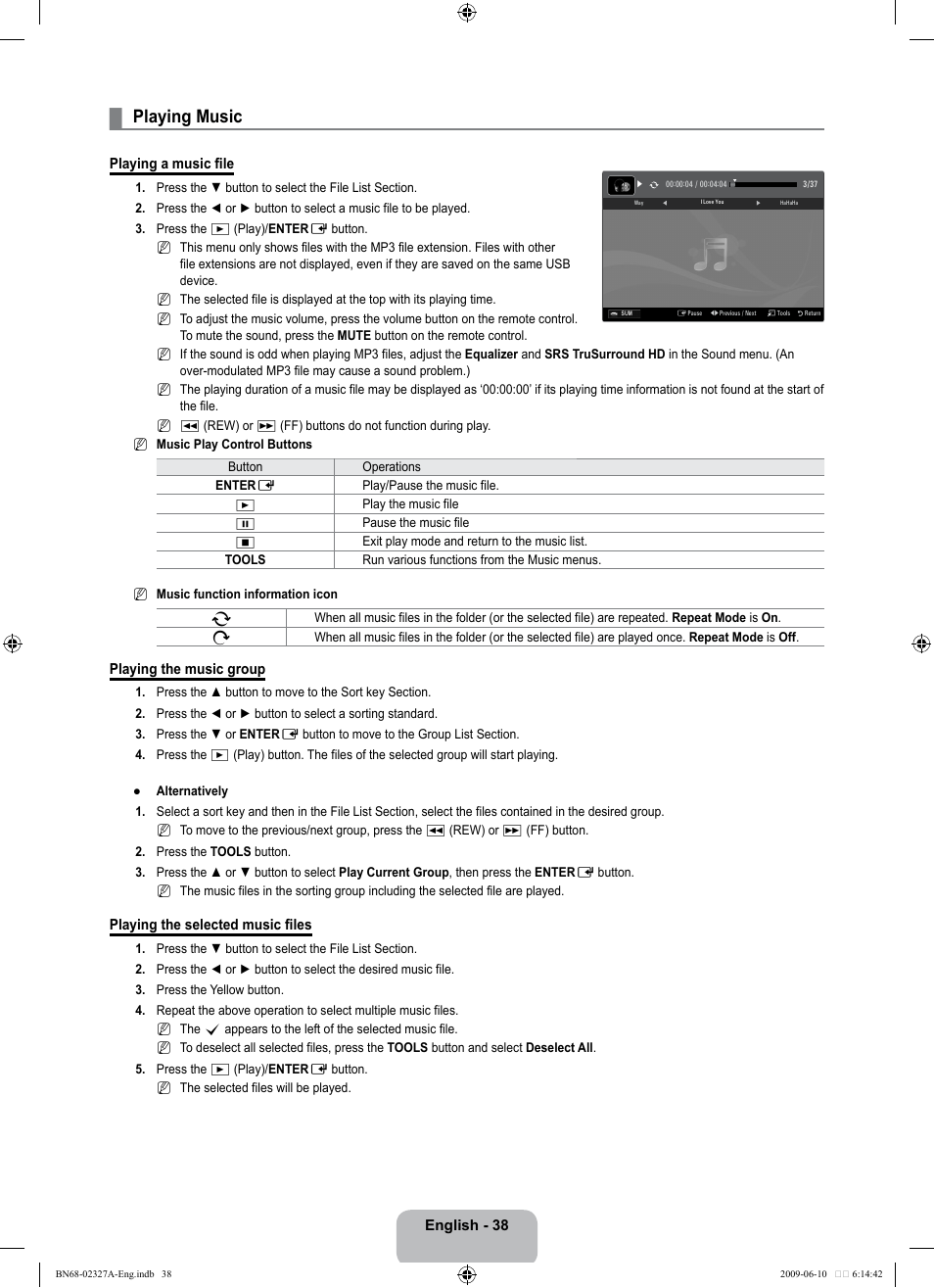 Playing music | Samsung LE40B750U1P User Manual | Page 40 / 302