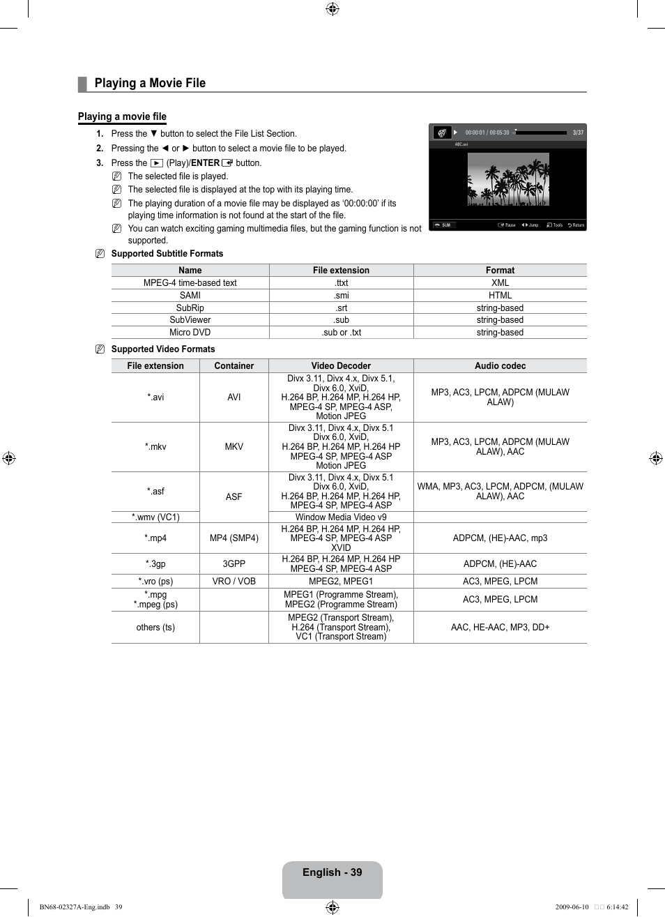Playing a movie file | Samsung LE40B750U1P User Manual | Page 41 / 302