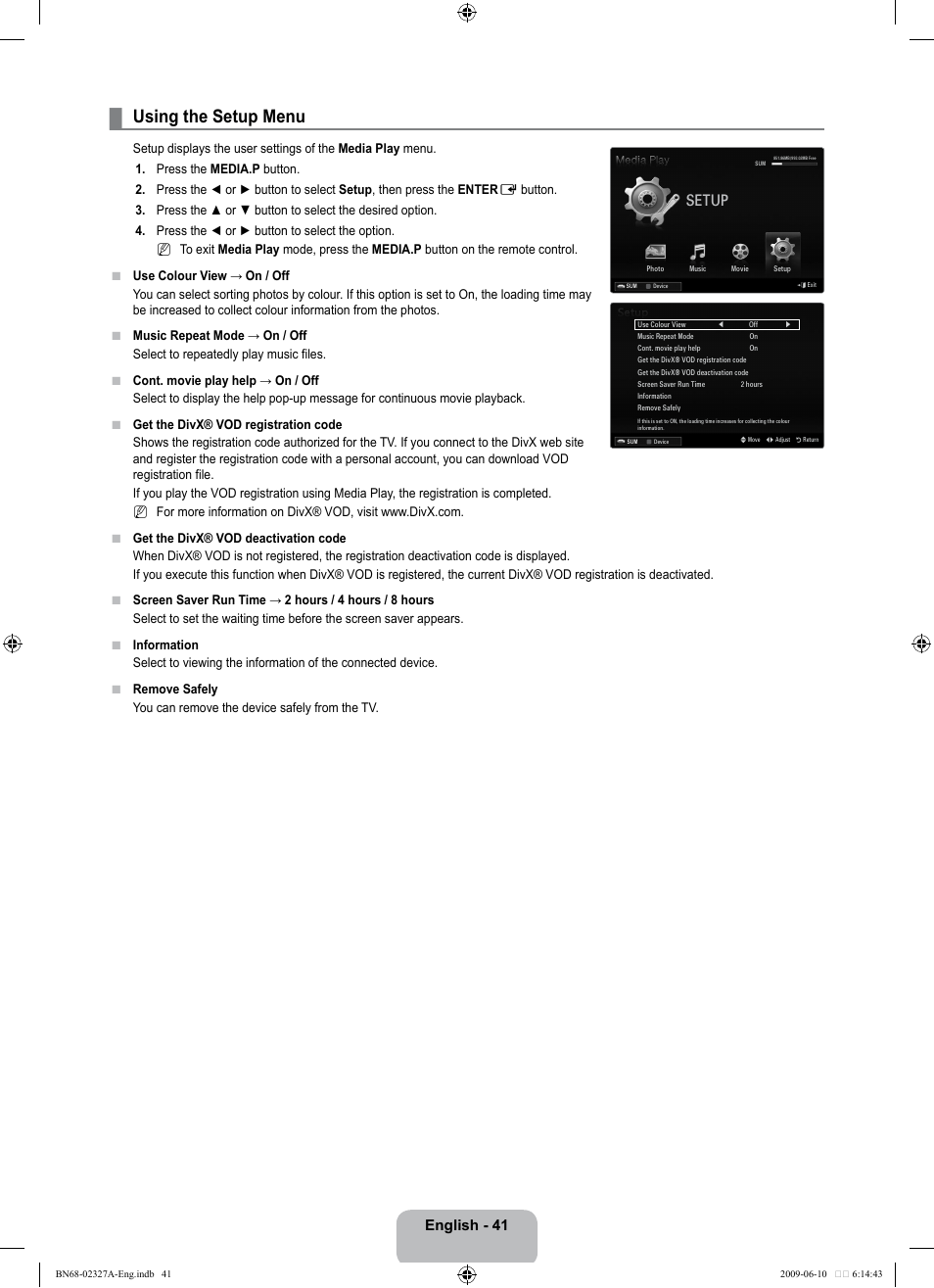 Using the setup menu, Setup, English - 41 | Samsung LE40B750U1P User Manual | Page 43 / 302