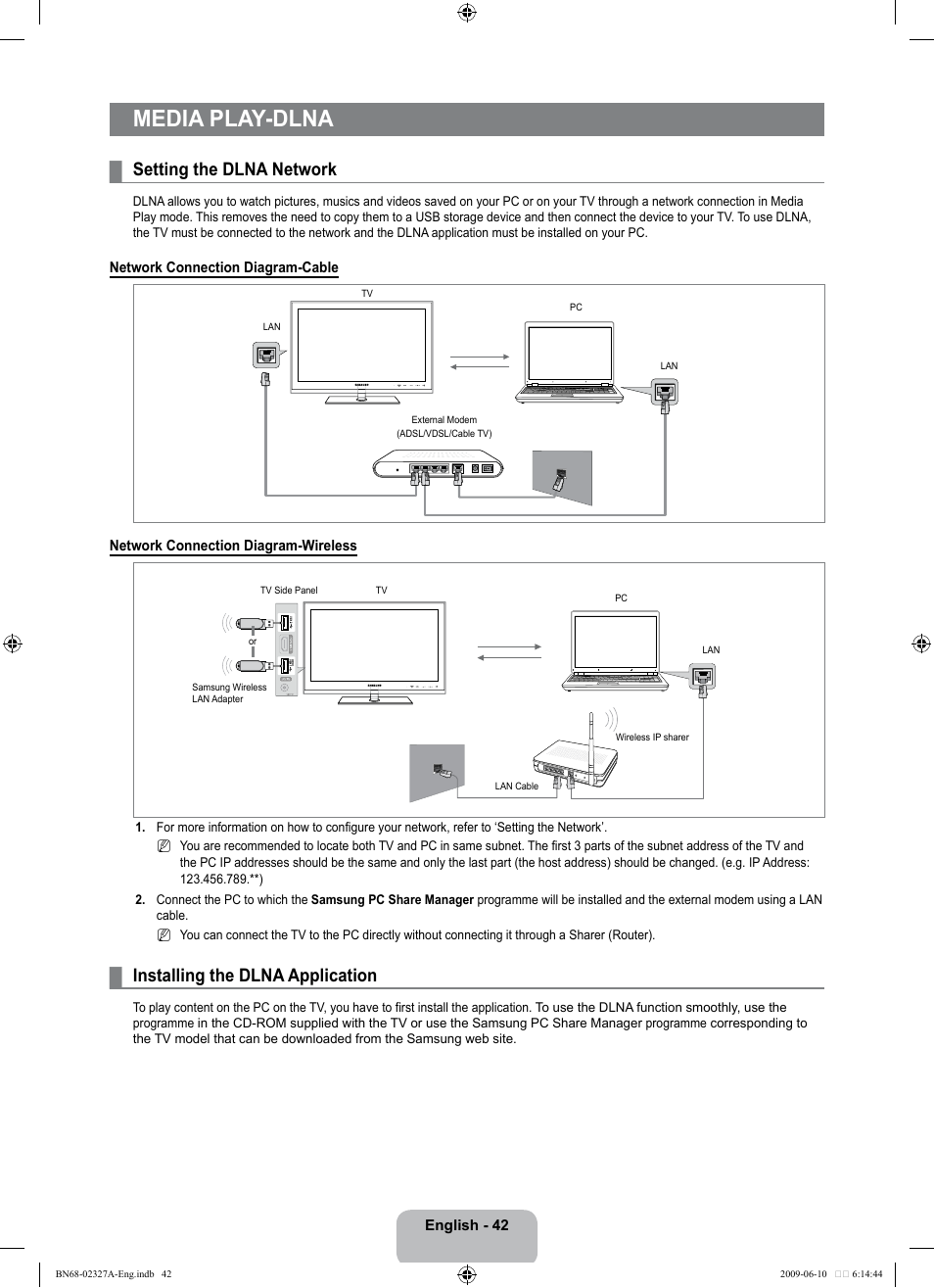 Media play-dlna, Setting the dlna network, Installing the dlna application | Samsung LE40B750U1P User Manual | Page 44 / 302
