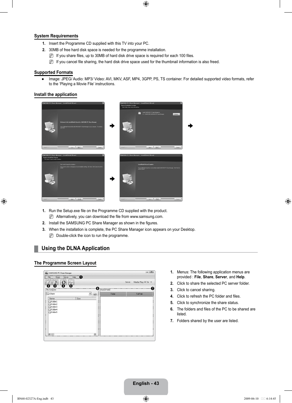 Using the dlna application | Samsung LE40B750U1P User Manual | Page 45 / 302