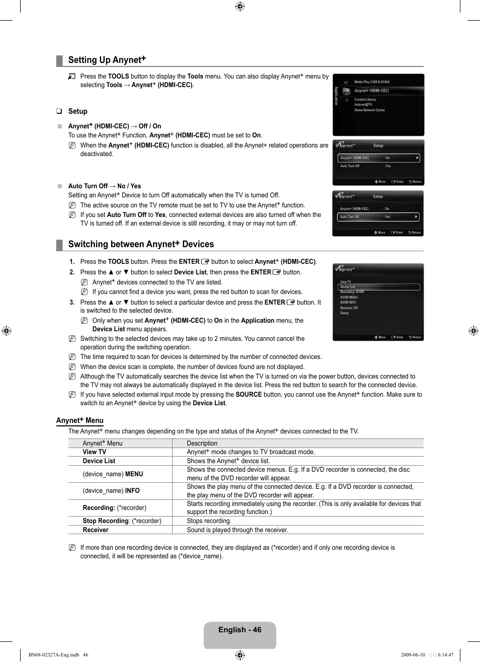 Setting up anynet, Switching between anynet+ devices | Samsung LE40B750U1P User Manual | Page 48 / 302