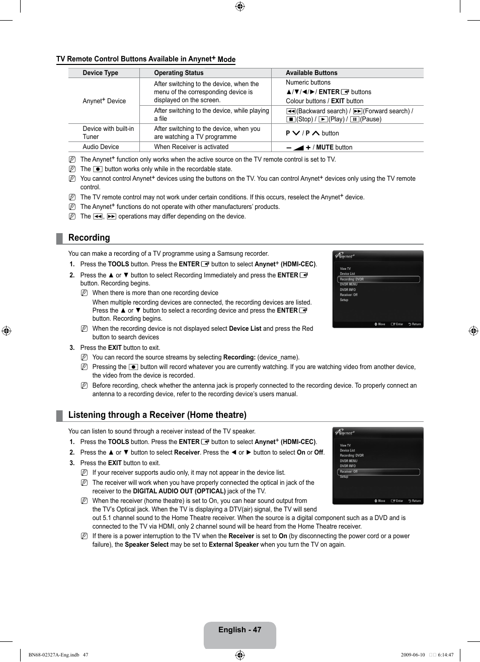 Recording, Listening through a receiver (home theatre) | Samsung LE40B750U1P User Manual | Page 49 / 302