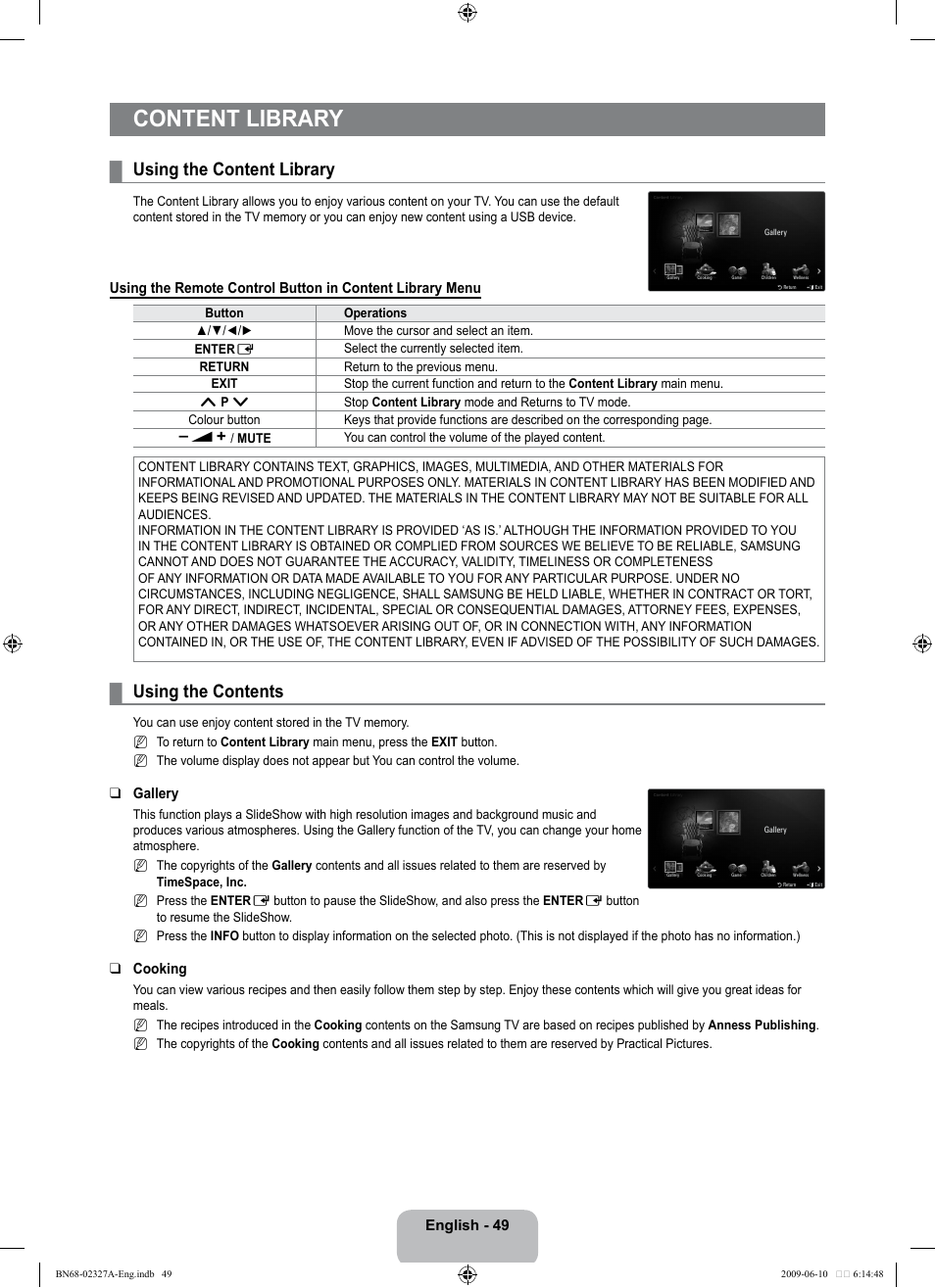 Content library, Using the content library, Using the contents | Samsung LE40B750U1P User Manual | Page 51 / 302