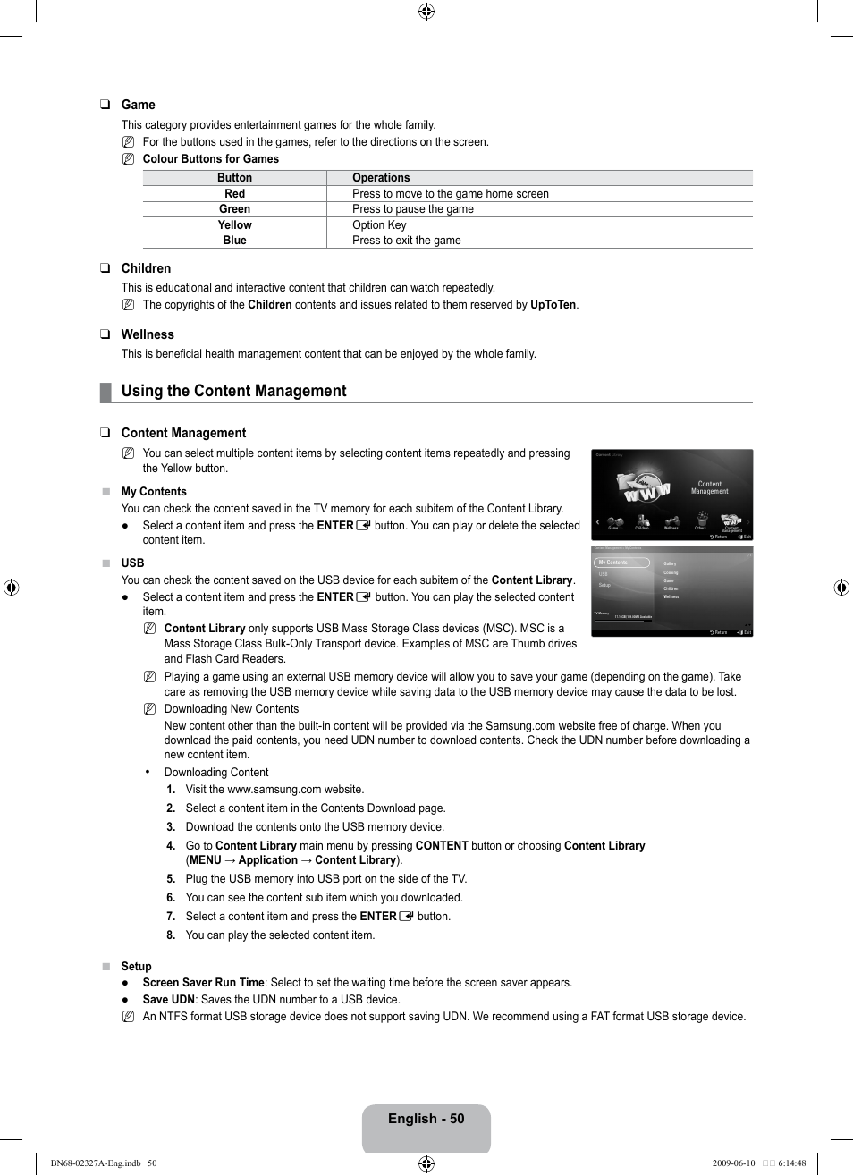 Using the content management, English - 50 game, Children | Wellness, Content management | Samsung LE40B750U1P User Manual | Page 52 / 302