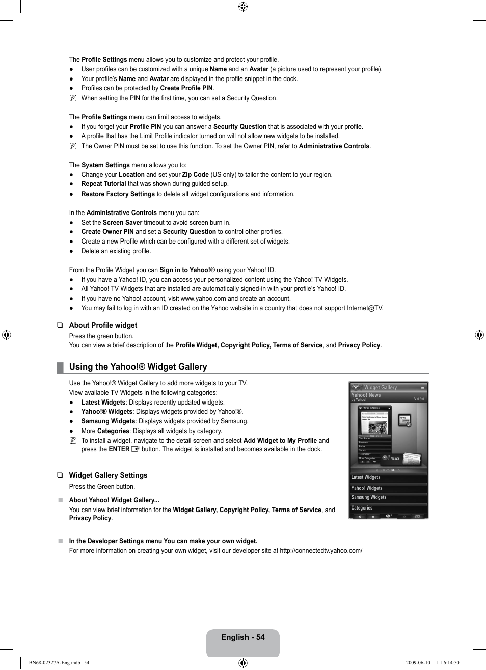 Using the yahoo!® widget gallery | Samsung LE40B750U1P User Manual | Page 56 / 302
