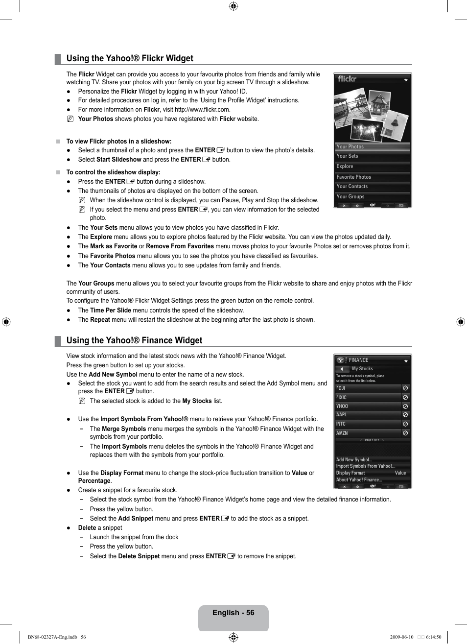 Using the yahoo!® flickr widget, Using the yahoo!® finance widget | Samsung LE40B750U1P User Manual | Page 58 / 302