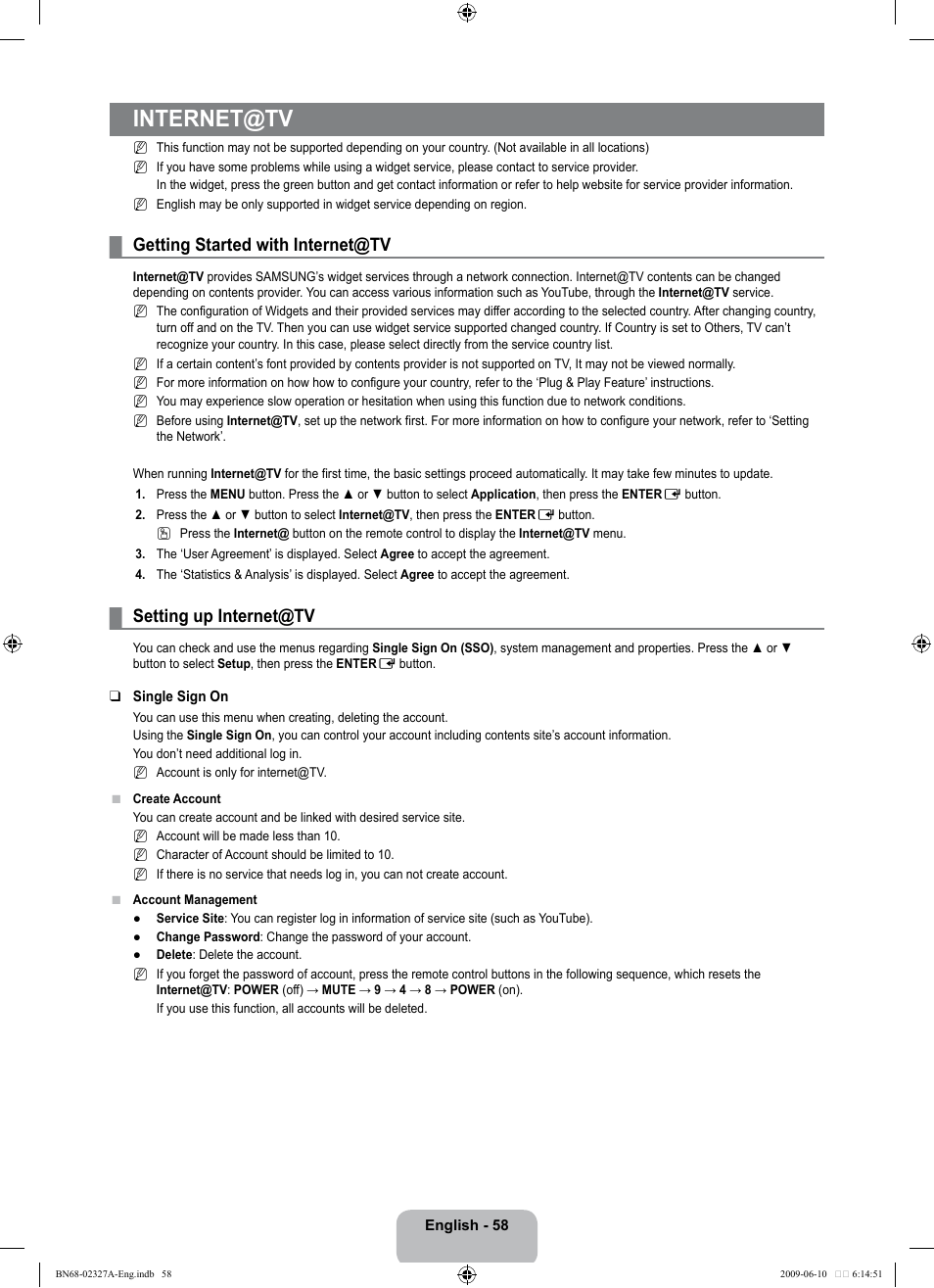 Internet@tv, Getting started with internet@tv, Setting up internet@tv | Samsung LE40B750U1P User Manual | Page 60 / 302