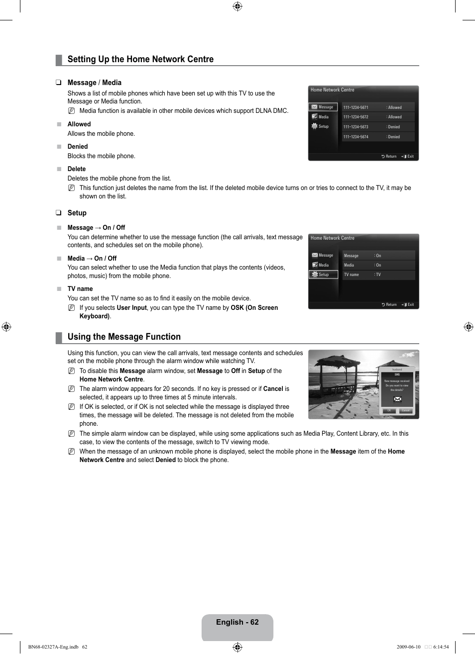 Setting up the home network centre, Using the message function, English - 62 | Message / media, Setup | Samsung LE40B750U1P User Manual | Page 64 / 302