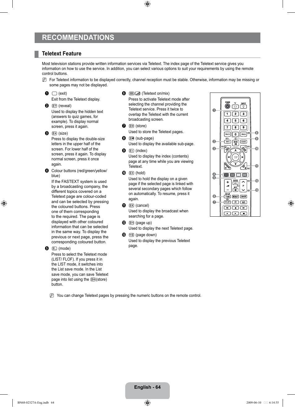Recommendations, Teletext feature | Samsung LE40B750U1P User Manual | Page 66 / 302
