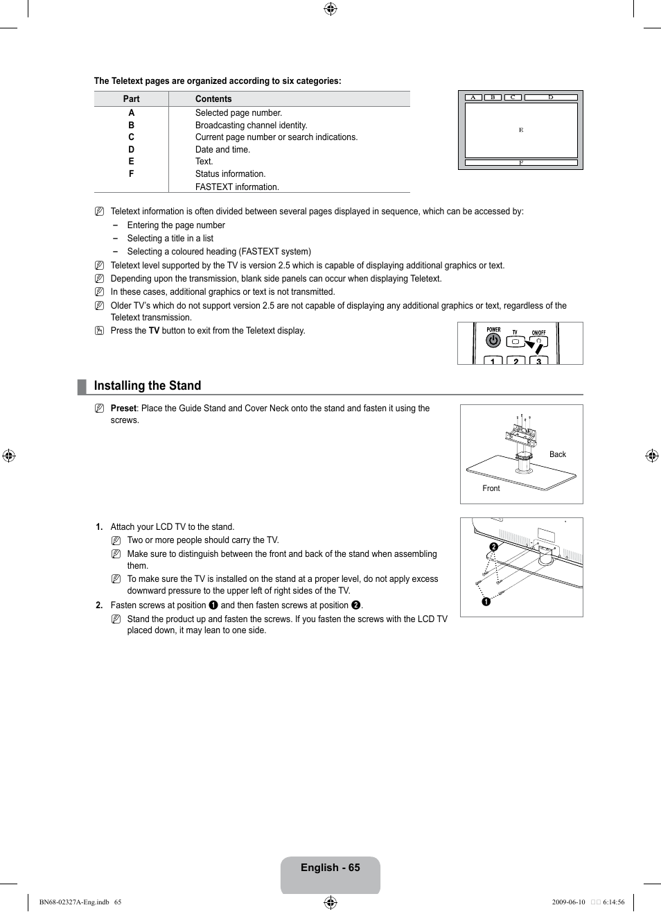 Installing the stand | Samsung LE40B750U1P User Manual | Page 67 / 302