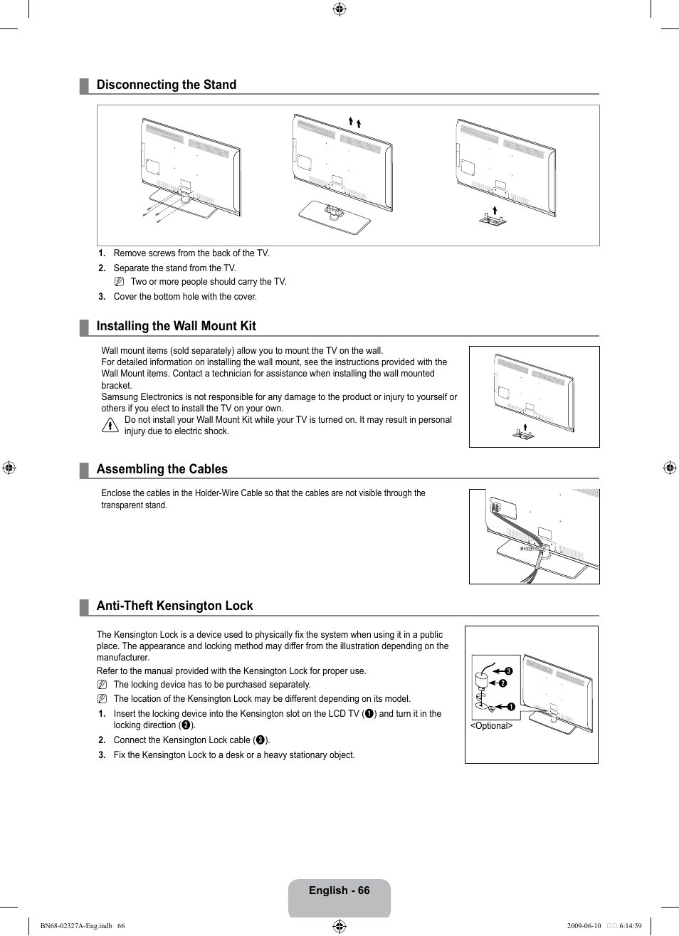 Disconnecting the stand, Installing the wall mount kit, Assembling the cables | Anti-theft kensington lock | Samsung LE40B750U1P User Manual | Page 68 / 302