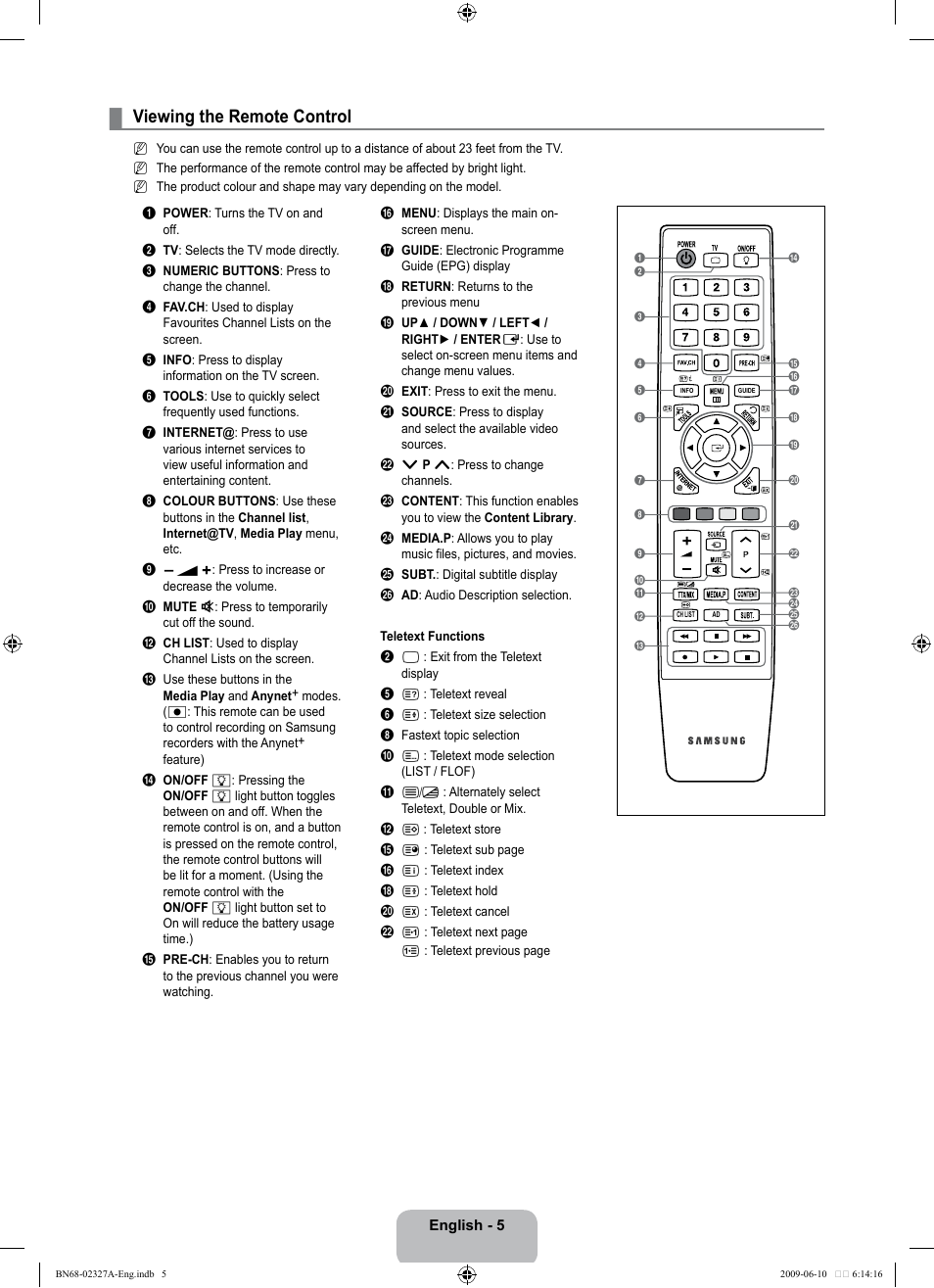 Viewing the remote control | Samsung LE40B750U1P User Manual | Page 7 / 302