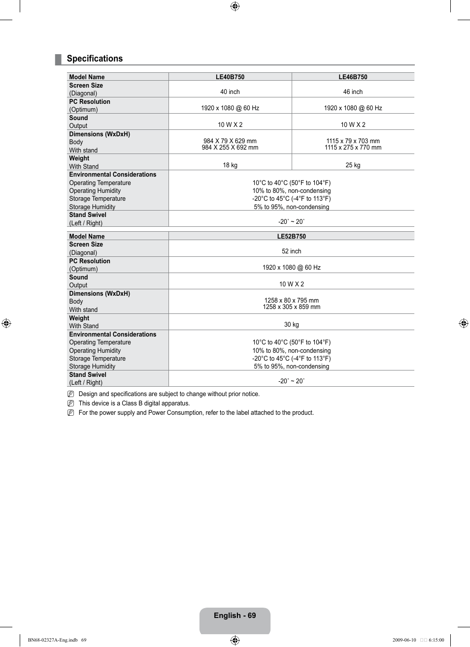 Specifications | Samsung LE40B750U1P User Manual | Page 71 / 302