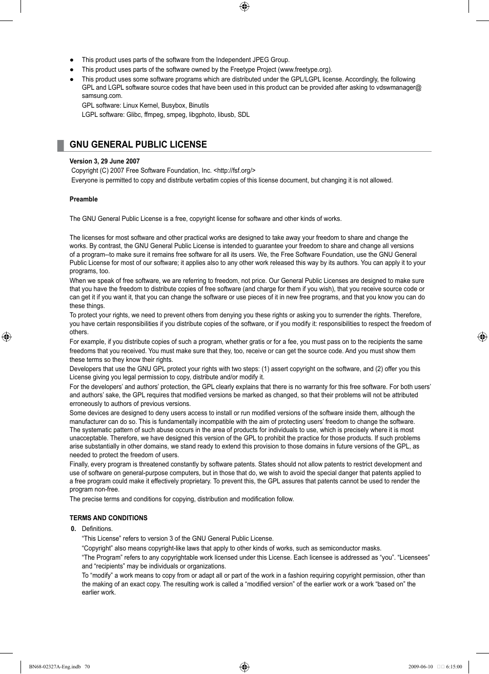 Gnu general public license | Samsung LE40B750U1P User Manual | Page 72 / 302