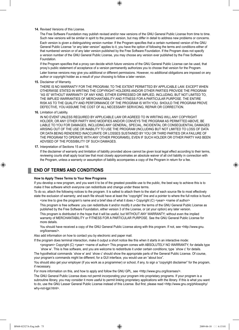 End of terms and conditions | Samsung LE40B750U1P User Manual | Page 77 / 302