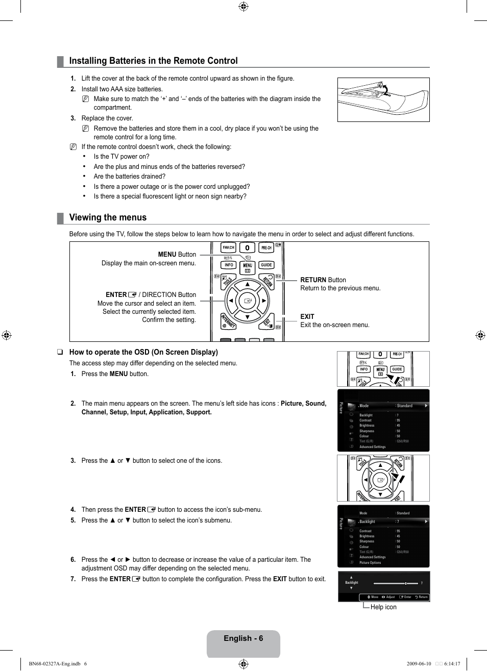 Installing batteries in the remote control, Viewing the menus, Operation | English - 6, How to operate the osd (on screen display) | Samsung LE40B750U1P User Manual | Page 8 / 302