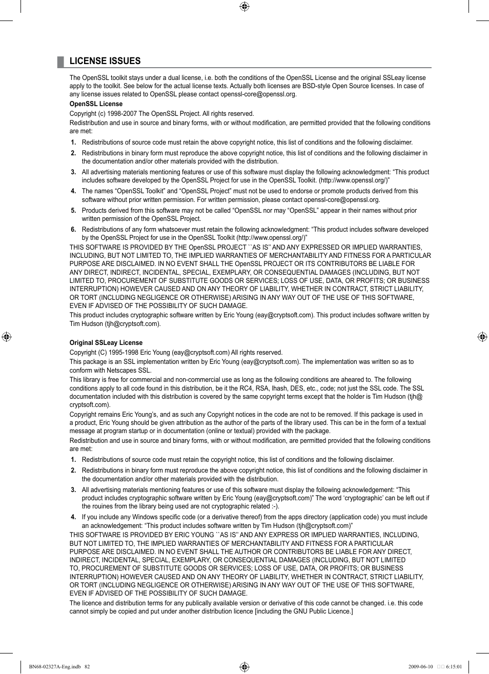 License issues | Samsung LE40B750U1P User Manual | Page 84 / 302