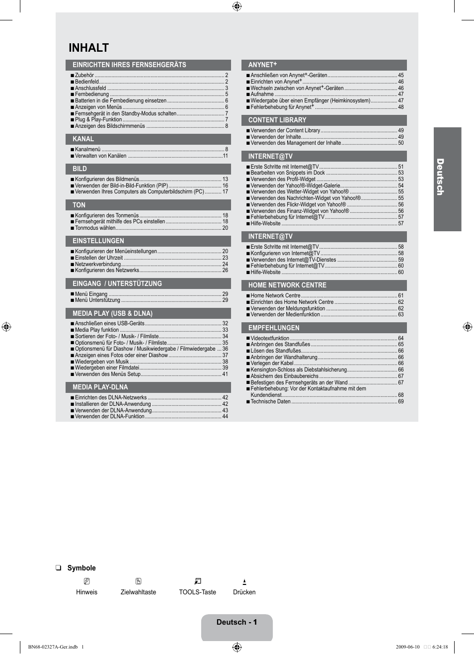 Inhalt, Deutsc h | Samsung LE40B750U1P User Manual | Page 87 / 302