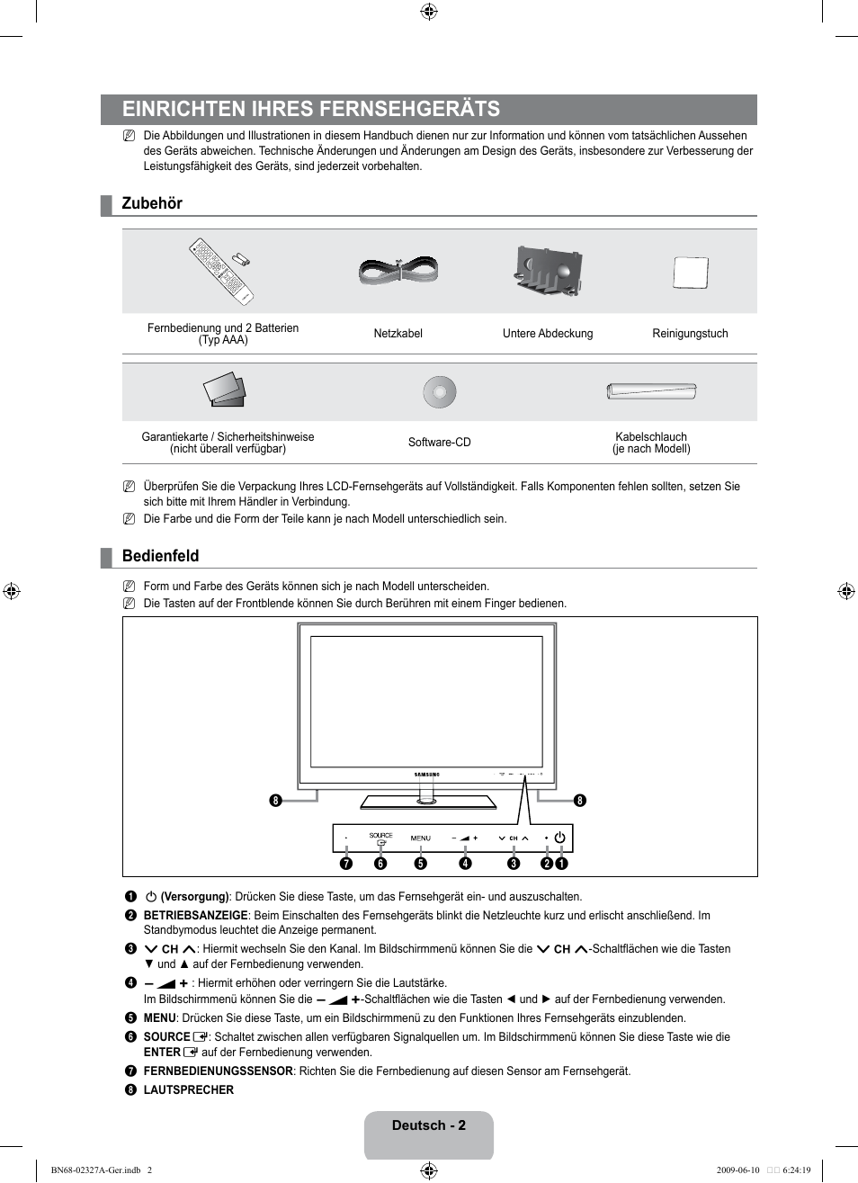 Einrichten ihres fernsehgeräts, Zubehör, Bedienfeld | Samsung LE40B750U1P User Manual | Page 88 / 302