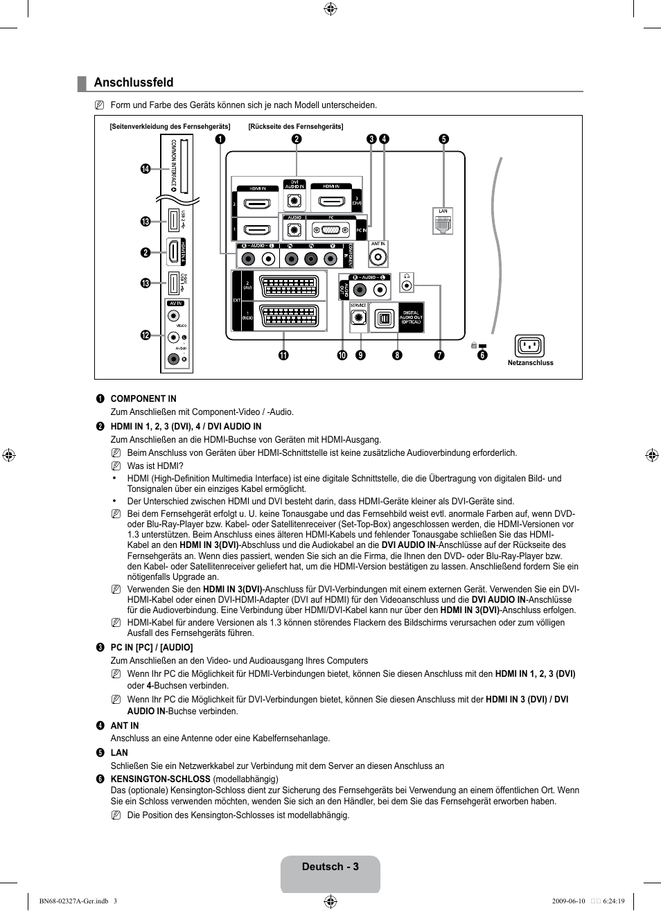 Anschlussfeld | Samsung LE40B750U1P User Manual | Page 89 / 302