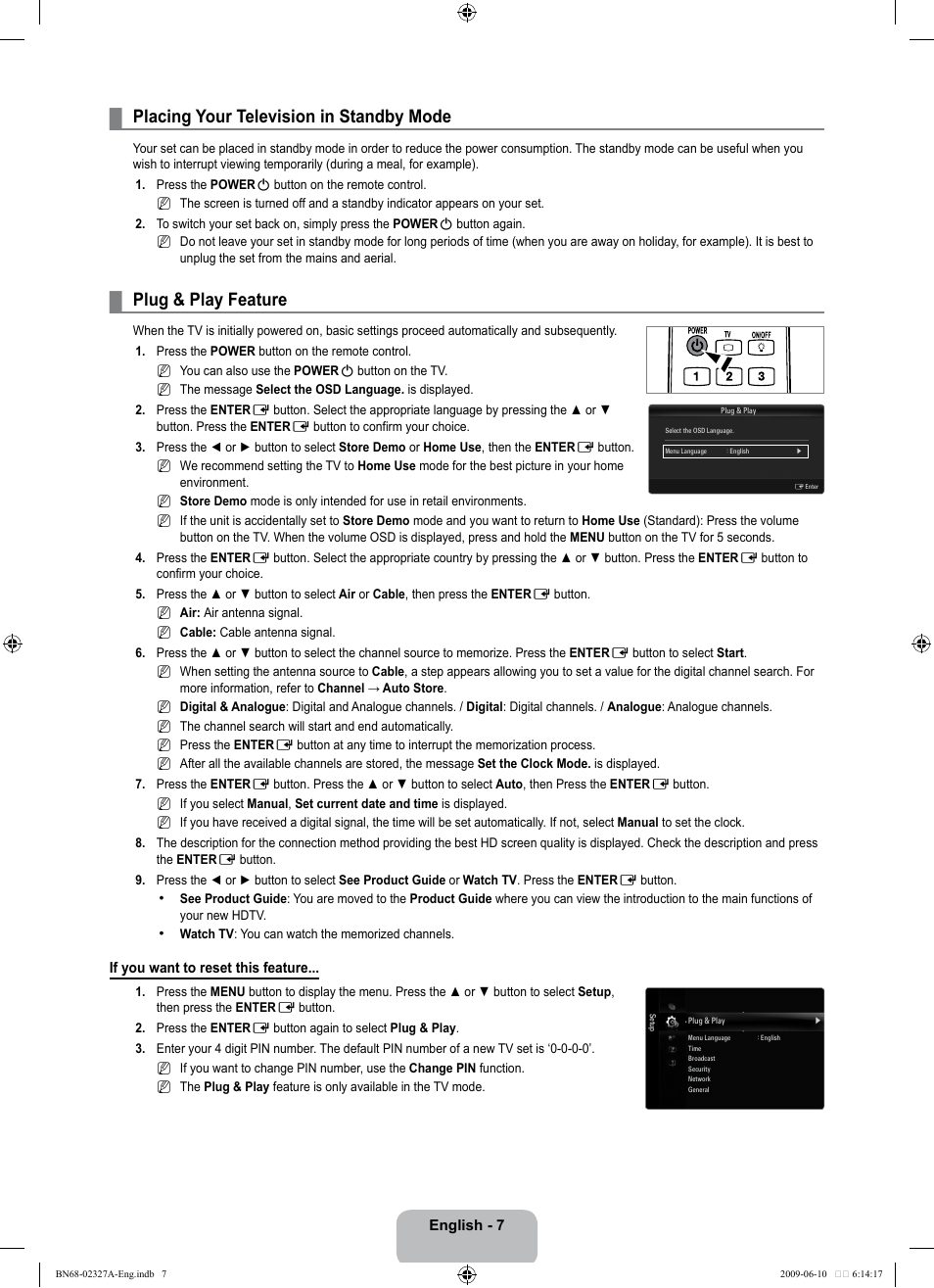 Placing your television in standby mode, Plug & play feature | Samsung LE40B750U1P User Manual | Page 9 / 302